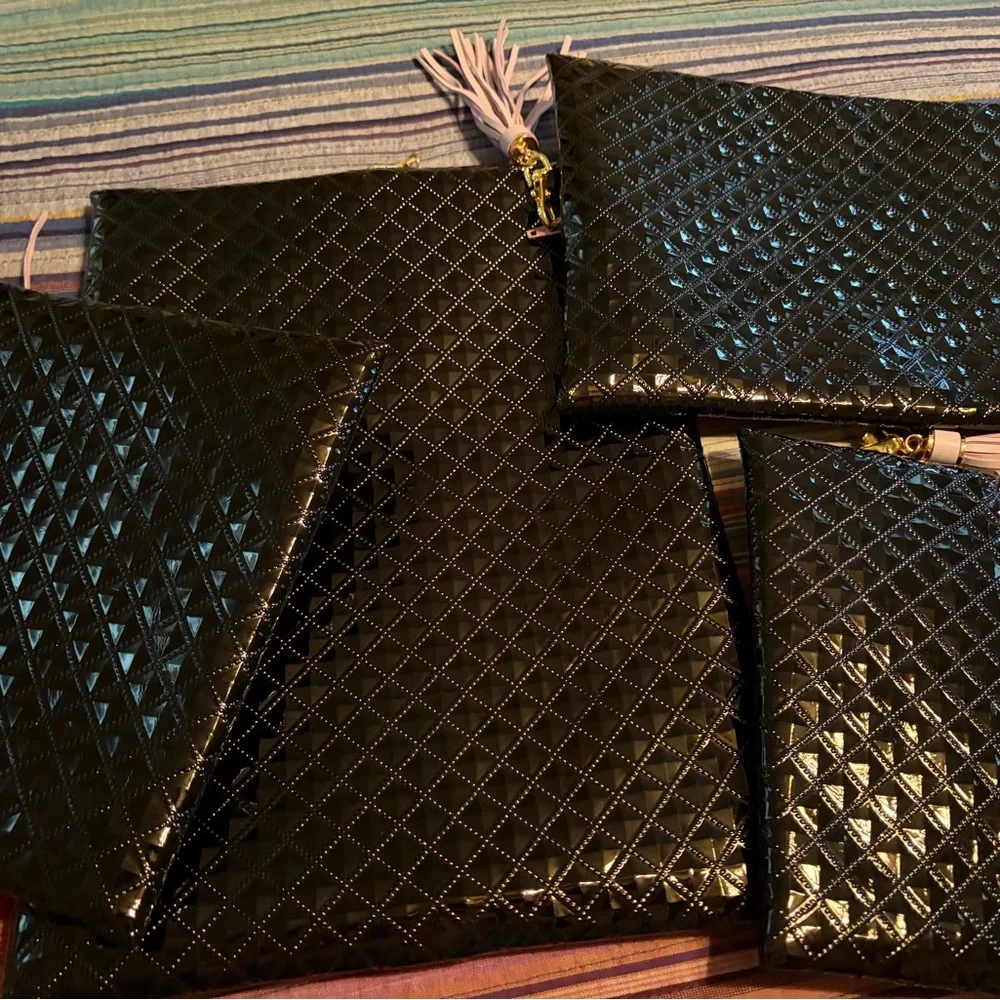 Makeup Junkie Bags Black Quilted Cosmetic Pouch with Pink Tassel
